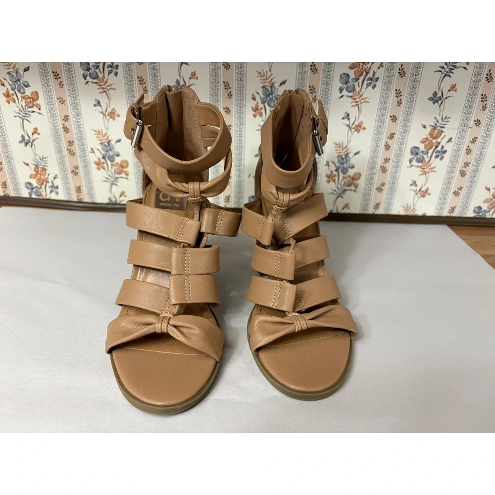 DV Dolce Vita Billy Tan Gladiator Bow Block Heel Sandals Women 6.5 Strappy Zip